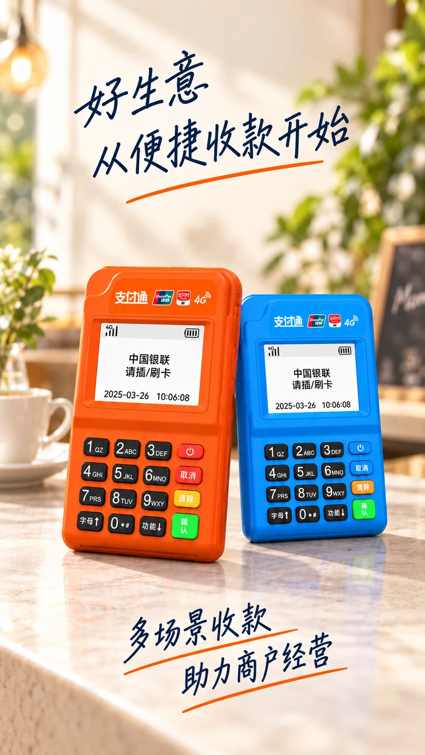 好生意,从便捷收款开始;多场景收款,助力商户经营。橙蓝支付通终端宣传图。