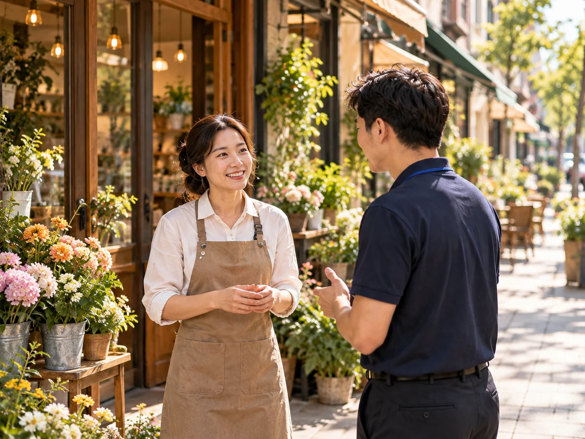 店主与服务伙伴在店铺外交流